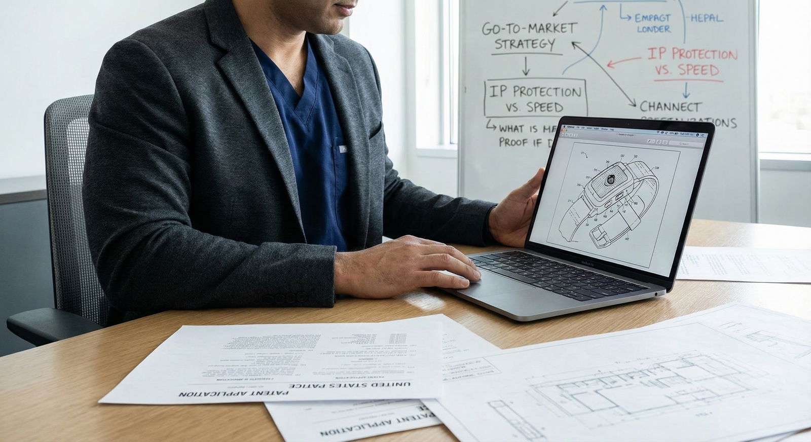Clinician-founder reviewing patent documents in a medical startup office -  for Do You Really Need a Patent? Separating IP My