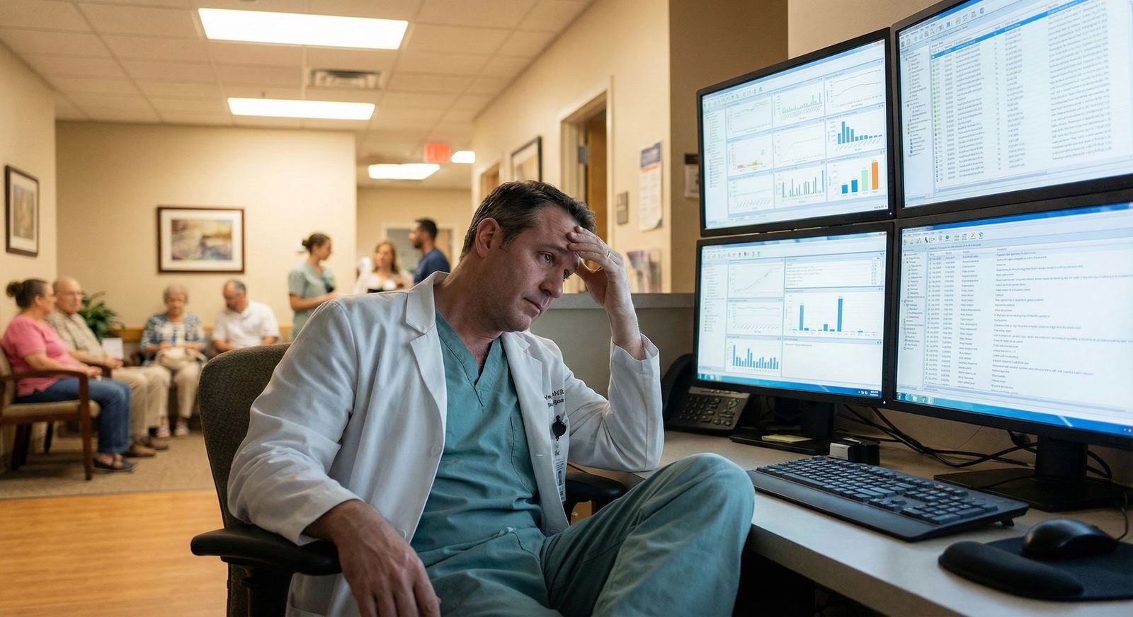 Clinician overwhelmed by EHR documentation -  for Does More Data Always Mean Better Care? The Limits of Big Data