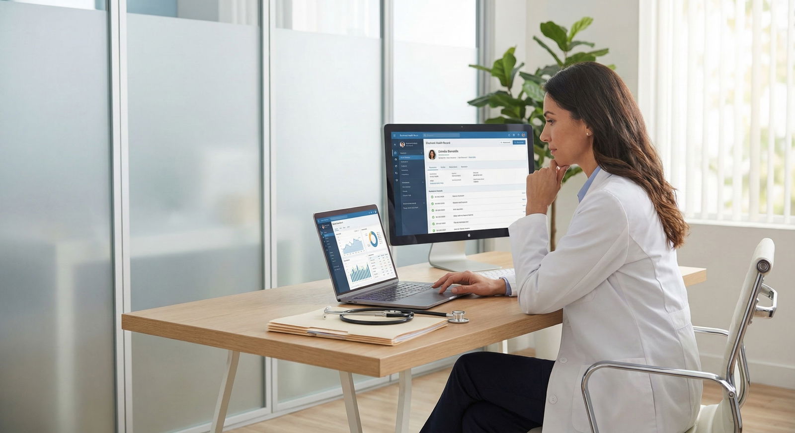 Clinician reviewing remote monitoring data alongside traditional chart Clinician reviewing remote monitoring data alongside traditional chart - for Building a Remote Patient Monitoring Startup: C