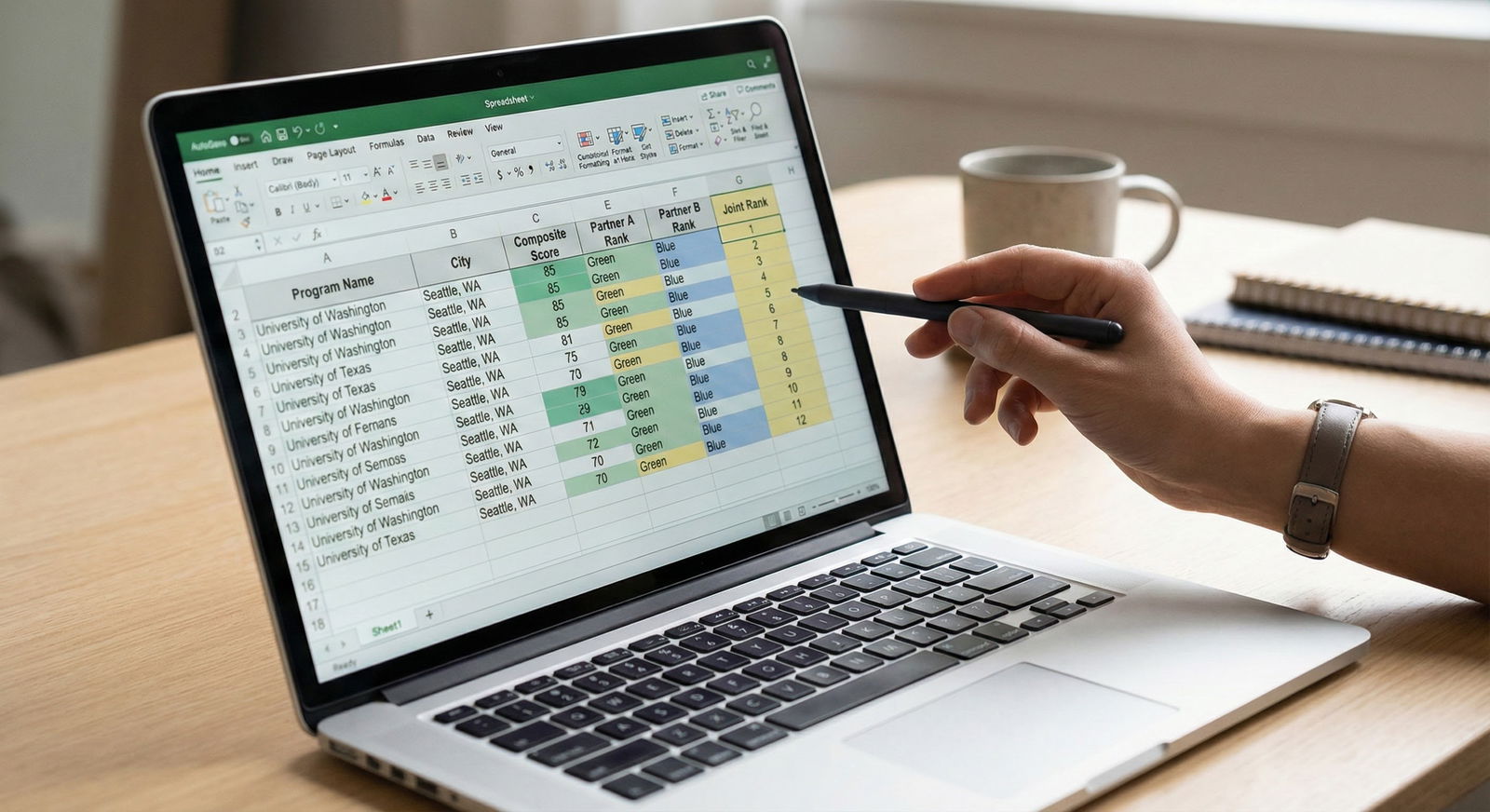 Close-up of a shared residency ranking spreadsheet on a laptop -  for Building a Joint Rank List: A Structured Spreadsheet Me