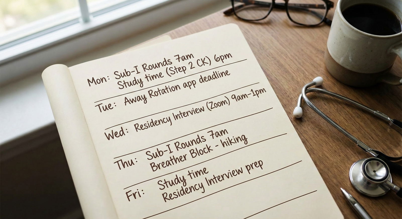 Close-up of a weekly planner with rotation and interview notes Close-up of a weekly planner with rotation and interview notes - for Designing Your MS4 Year: Sub‑I, Away Rotations, and Bre