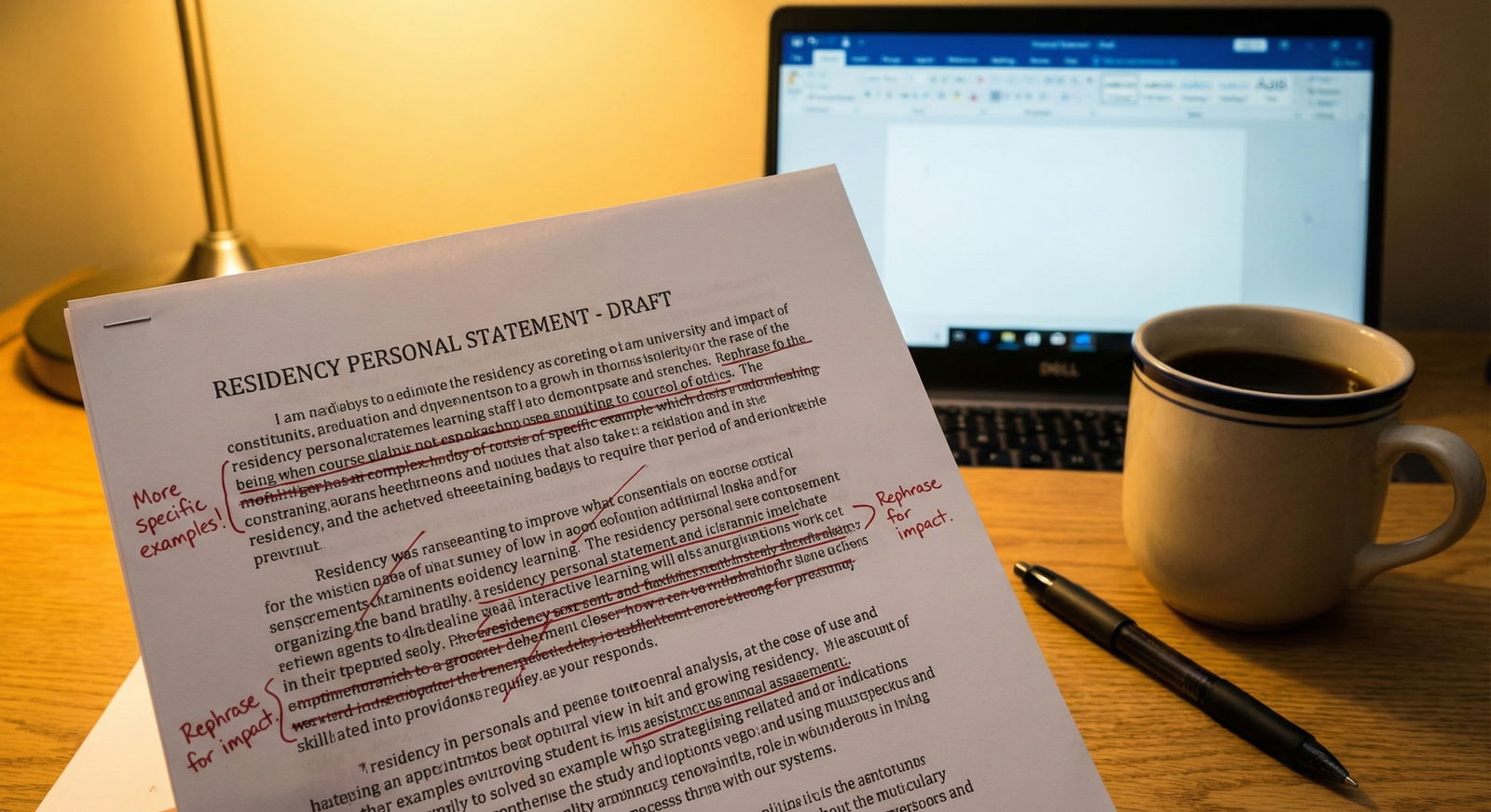 Close up of edited residency personal statement with red annotations -  for From Brainstorm to Final Draft: A 6-Week Residenc