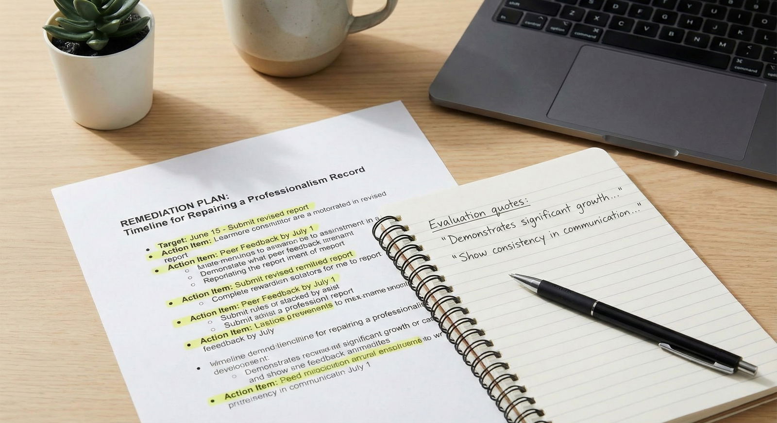 Close-up of remediation plan and evaluation quotes on a desk -  for Timeline for Repairing a Professionalism Record Before MS