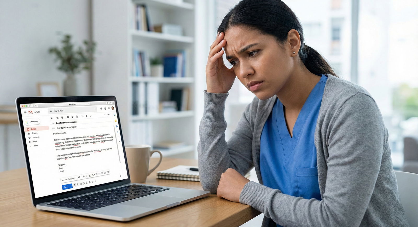 Stressed medical student tracking SOAP week schedule on laptop with spreadsheet and coffee -  for SOAP Week Survival Timeline