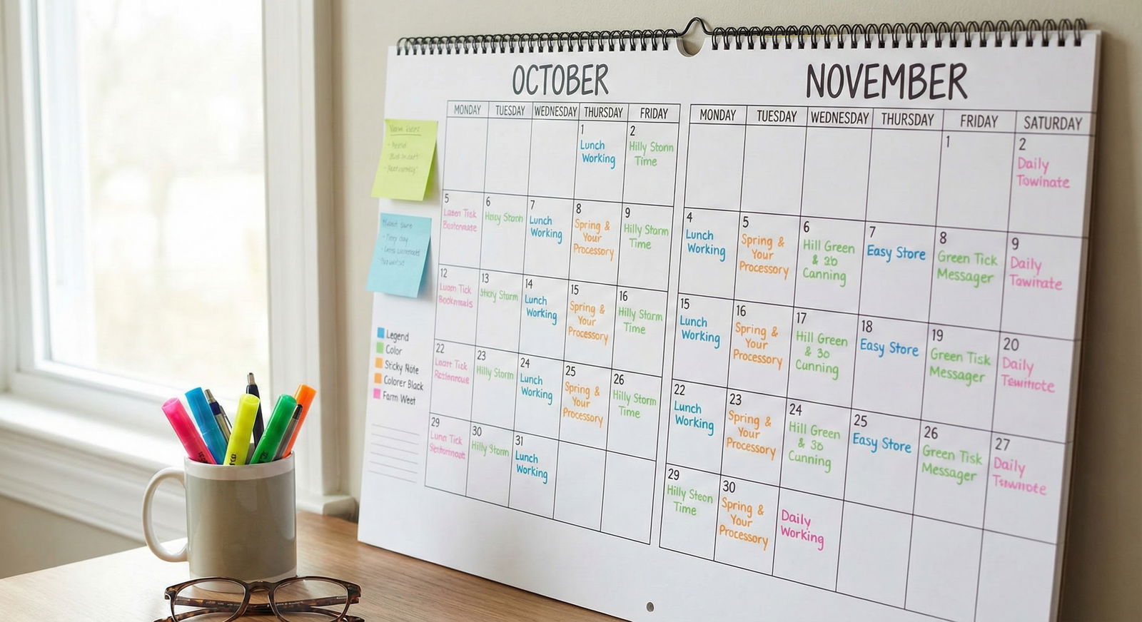 Color coded wall calendar for dual away rotations -  for Managing Dual Away Rotations: A Calendar Strategy for Couples