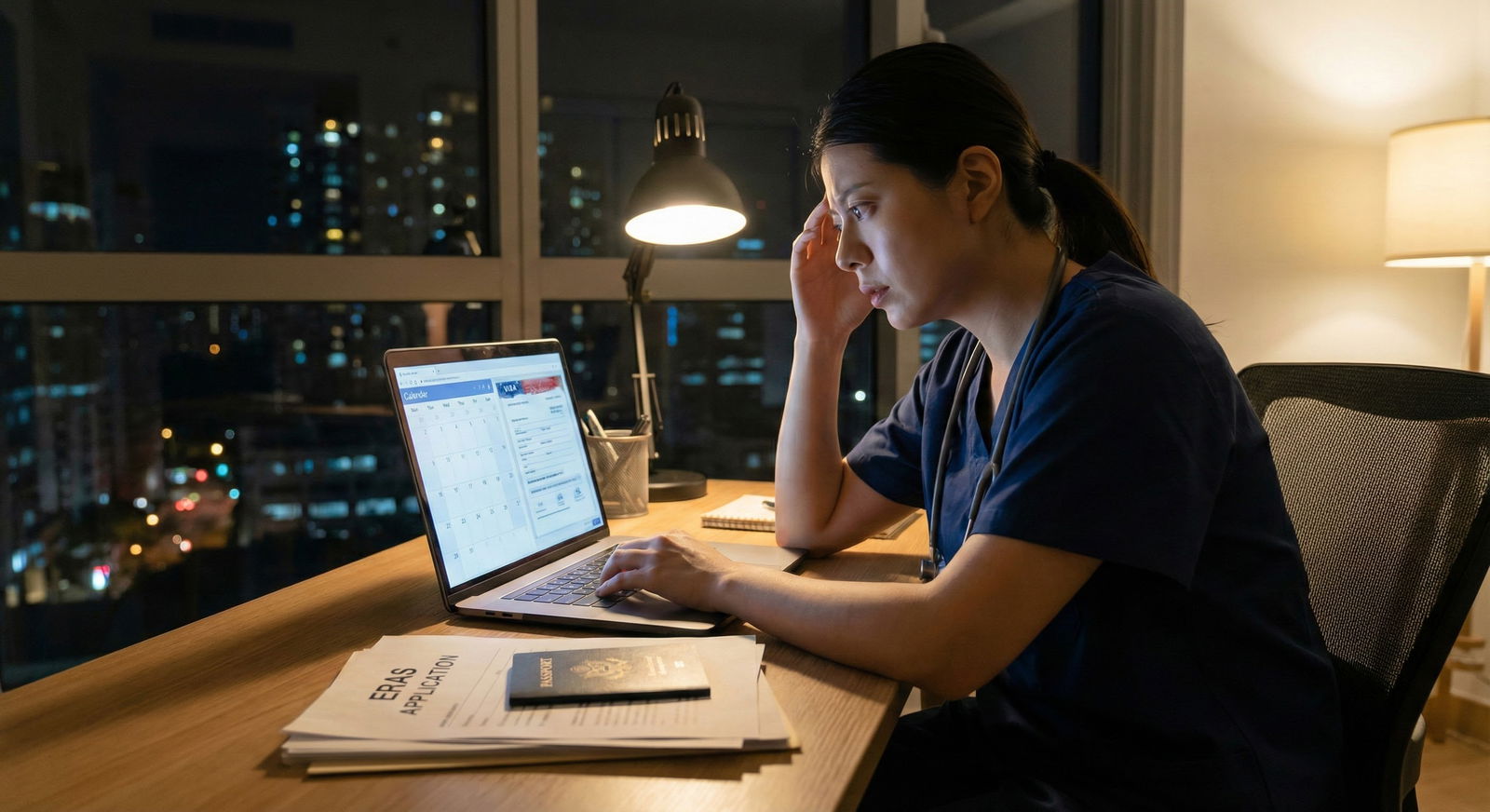 Concerned international medical graduate checking visa timelines on a laptop with calendars and immigration documents spread out on a desk Concerned international medical graduate checking visa timelines on a laptop with calendars and immigration documents spread