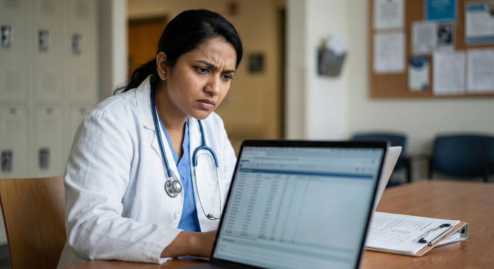 Concerned international medical graduate reviewing evaluation report on laptop in hospital break room -  for When a Negative