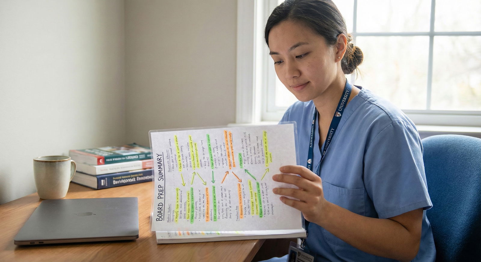 Medical student on laptop reviewing question bank statistics -  for Can I Rely on Class Notes Instead of Commercial Board Boo