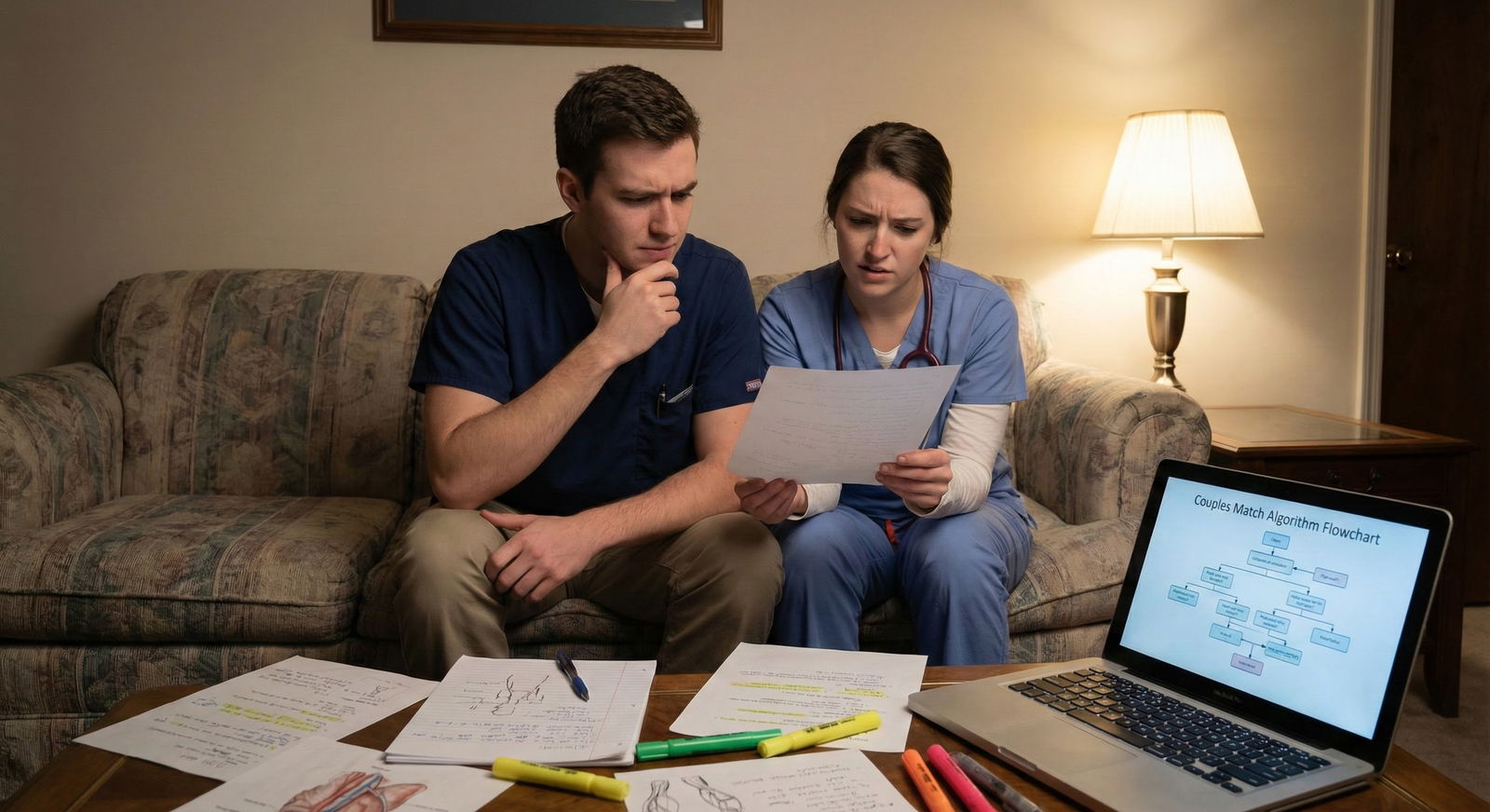 Couple on a couch with printed rank list diagrams, trying to understand the couples match algorithm -  for I Want a Competiti