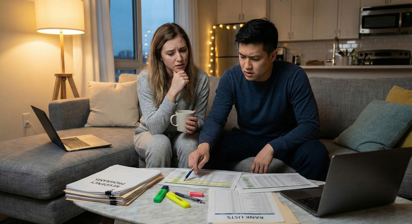 Couple reviewing residency program lists together Couple reviewing residency program lists together - for How to Cope When One Partner Is Still Unsure About Specialty Choice