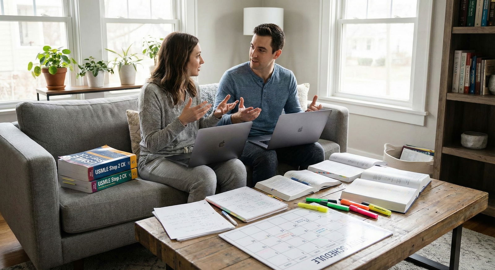 Couple studying for Step 2 together in a cozy living room -  for MS2 and Step Exams: Timing Board Prep When You Plan to Coupl