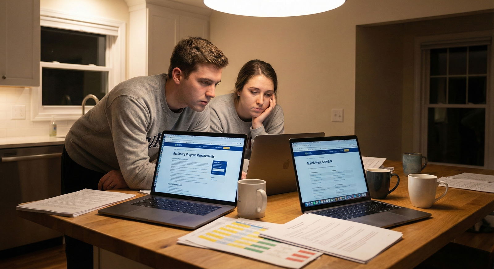 Couple with laptops and printed program lists planning SOAP strategy -  for Sleepless Over SOAP: What If Only One of Us Match