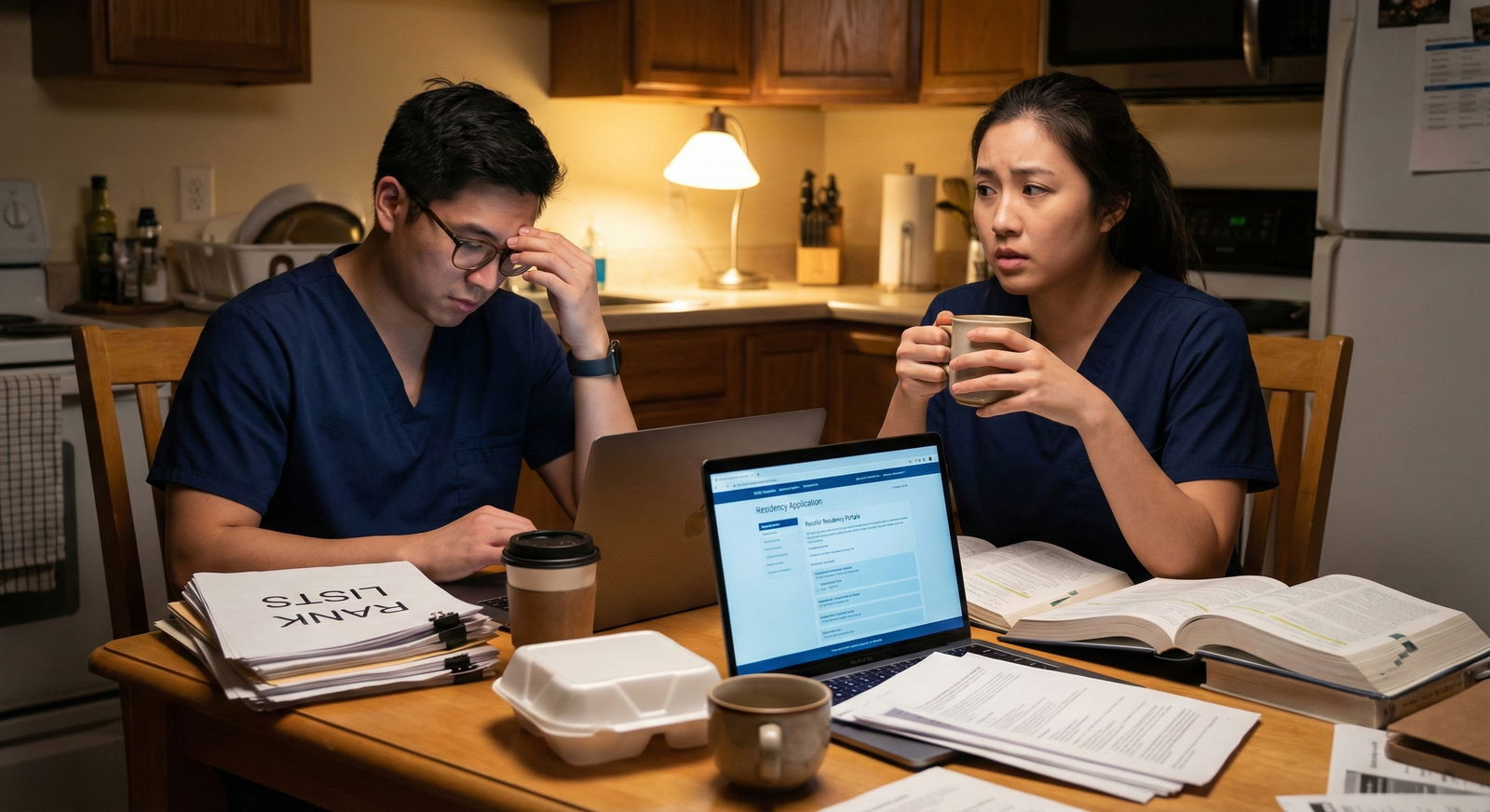Medical students reviewing residency interview schedules together -  for Should We Tell Programs We’re Couples Matching Befor