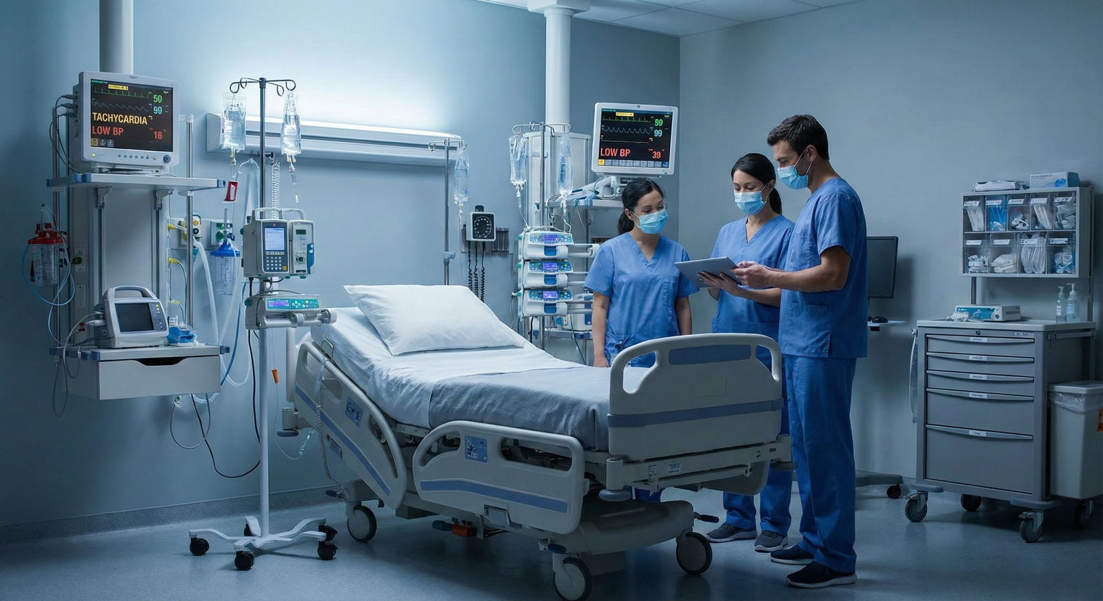 Critical care resuscitation bay with monitors and IV fluids running -  for Emergency Presentations on COMLEX Level 3: First 5