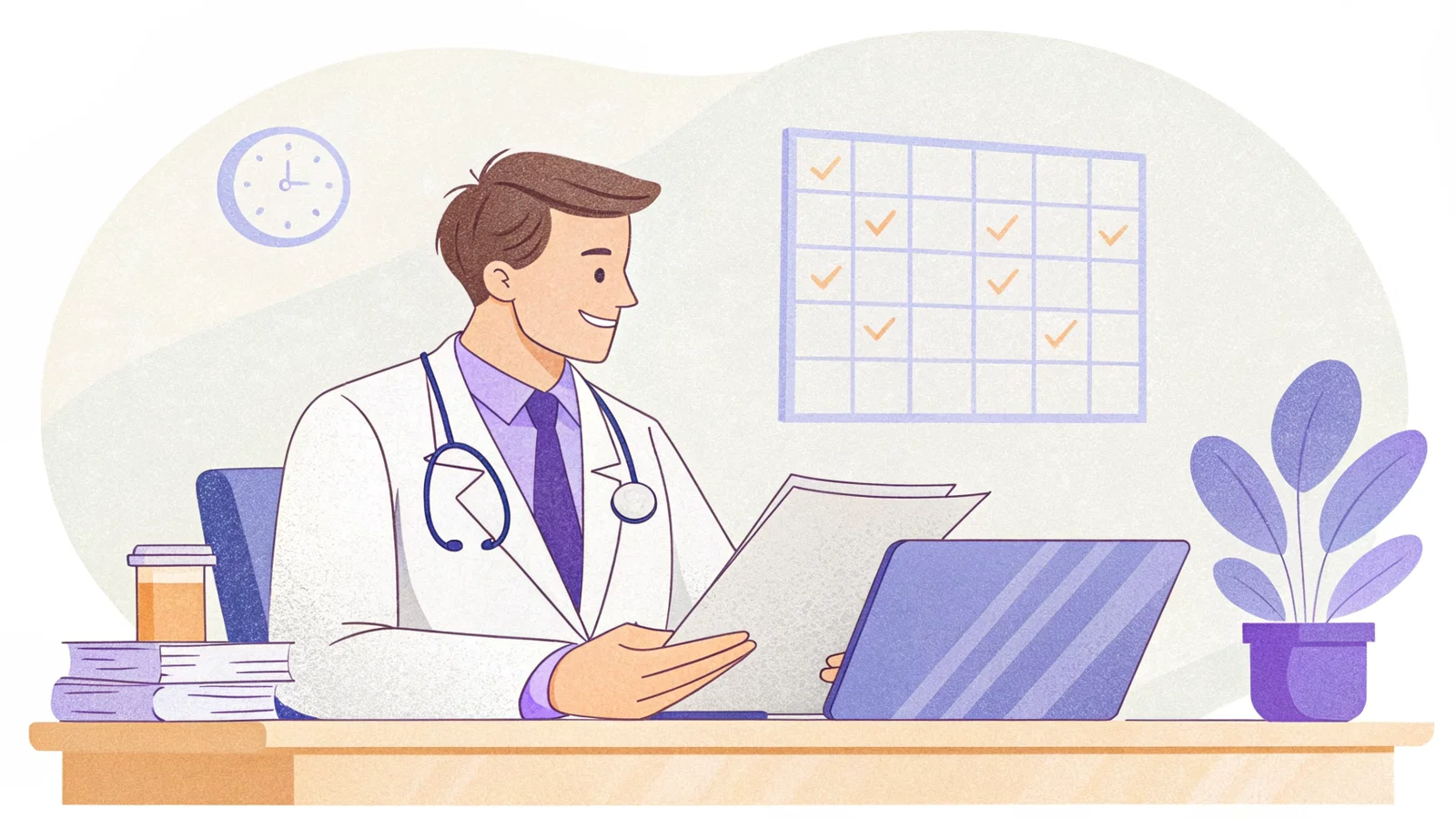 Doctor looking at a calendar with a 'Wait' sign but looking relieved