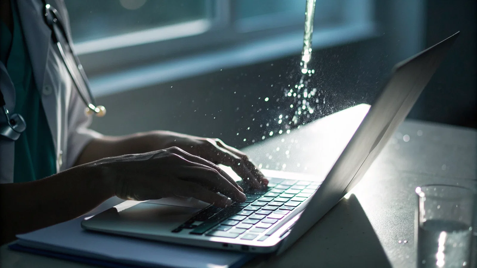 Close up of hands typing an urgent email on a laptop keyboard