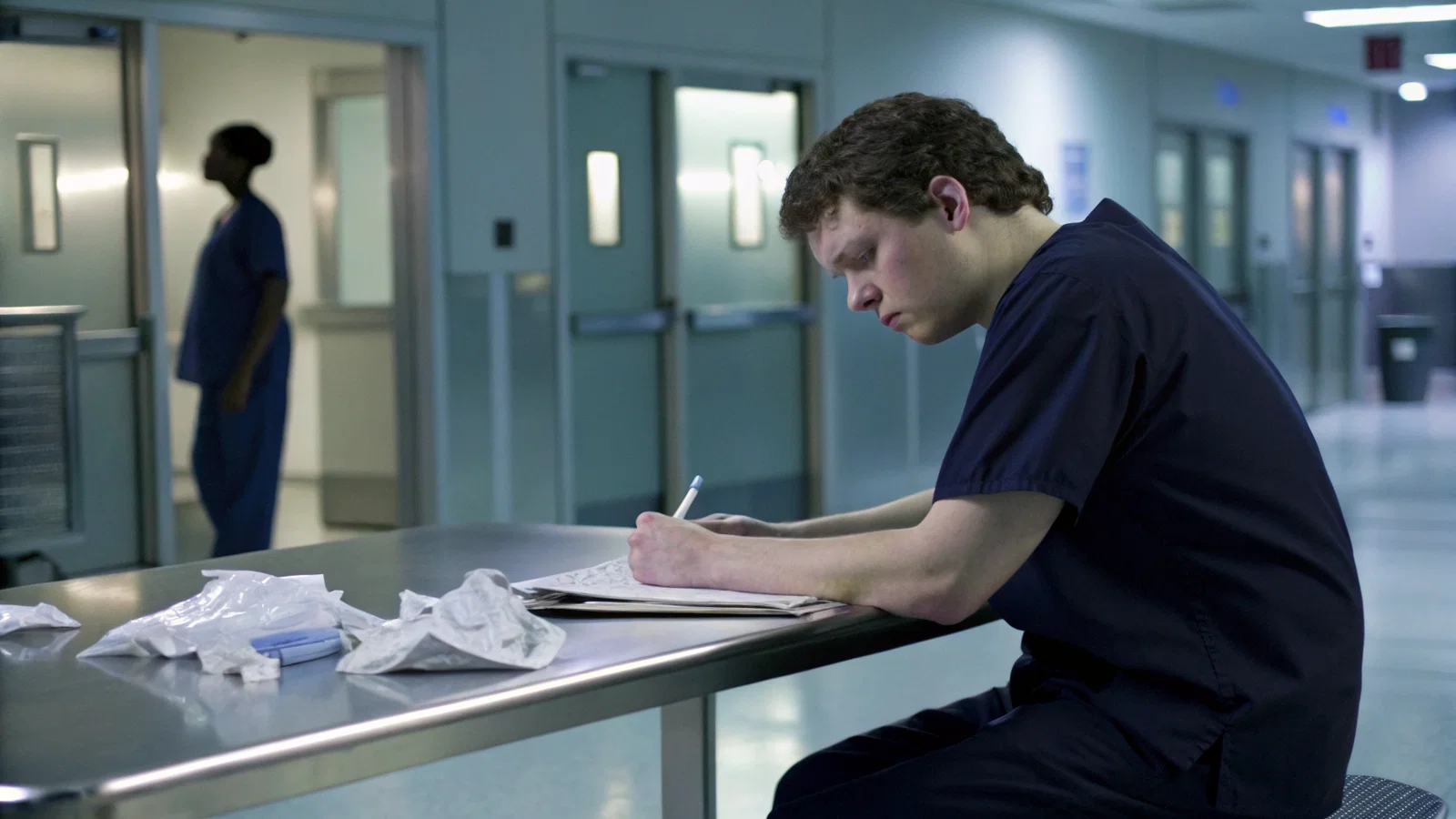 Stressed medical student looking at a cluttered calendar and travel map