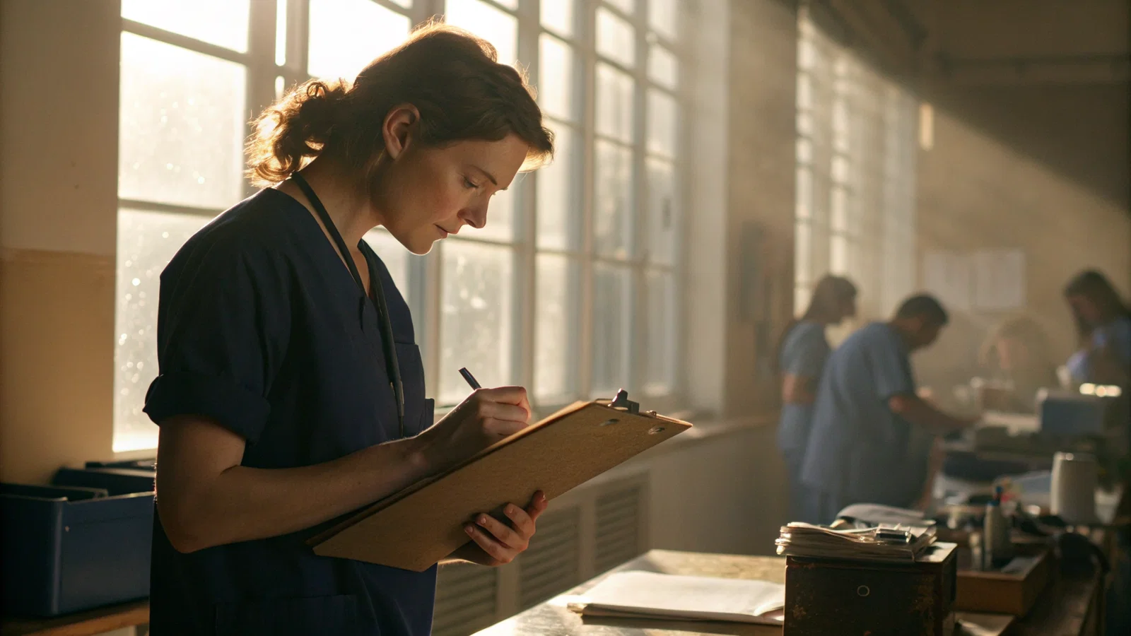 Pre-med volunteer connecting with patient in clinic hallway