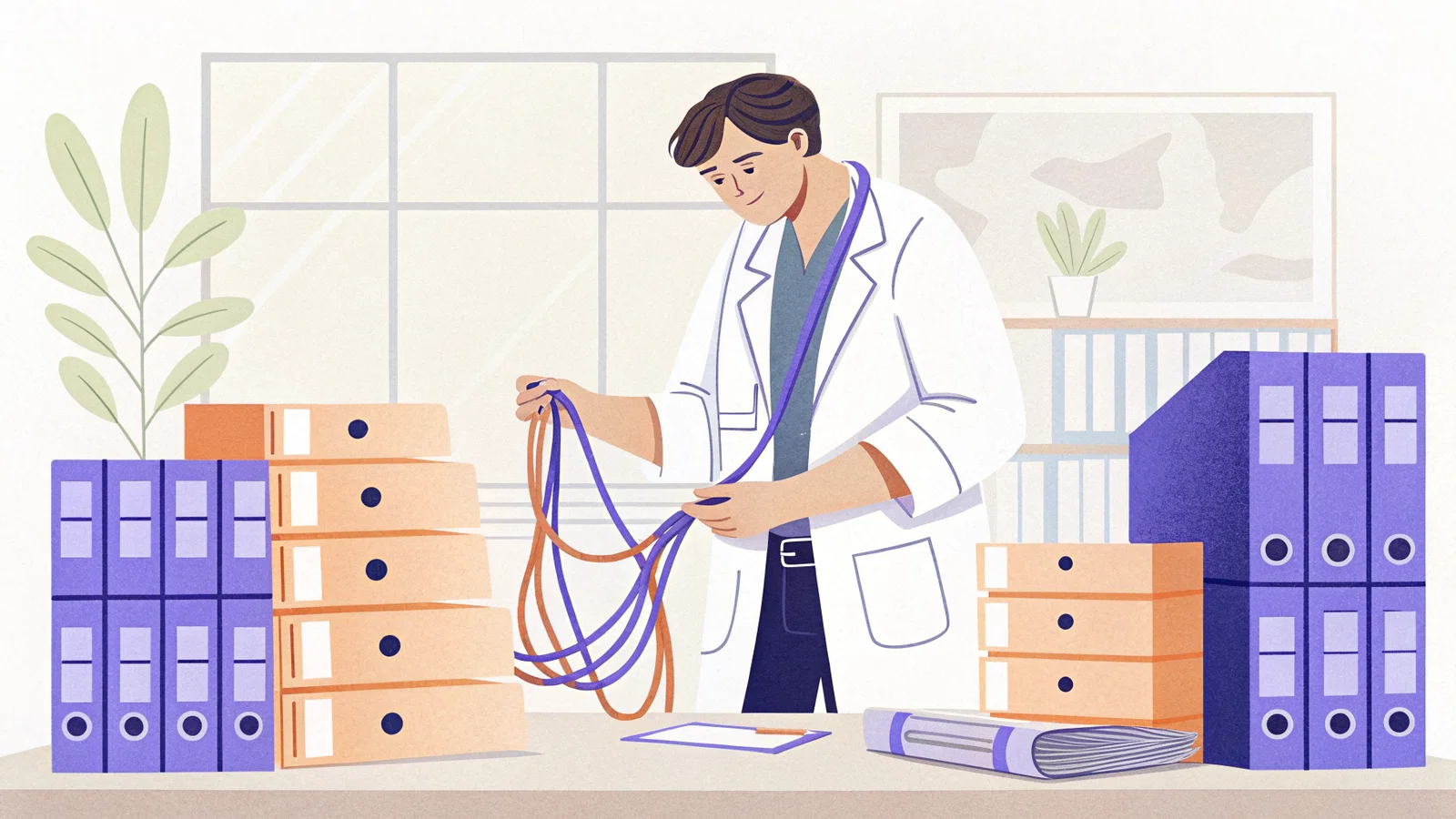 Physician Dwarfed by CME Paperwork Towers
