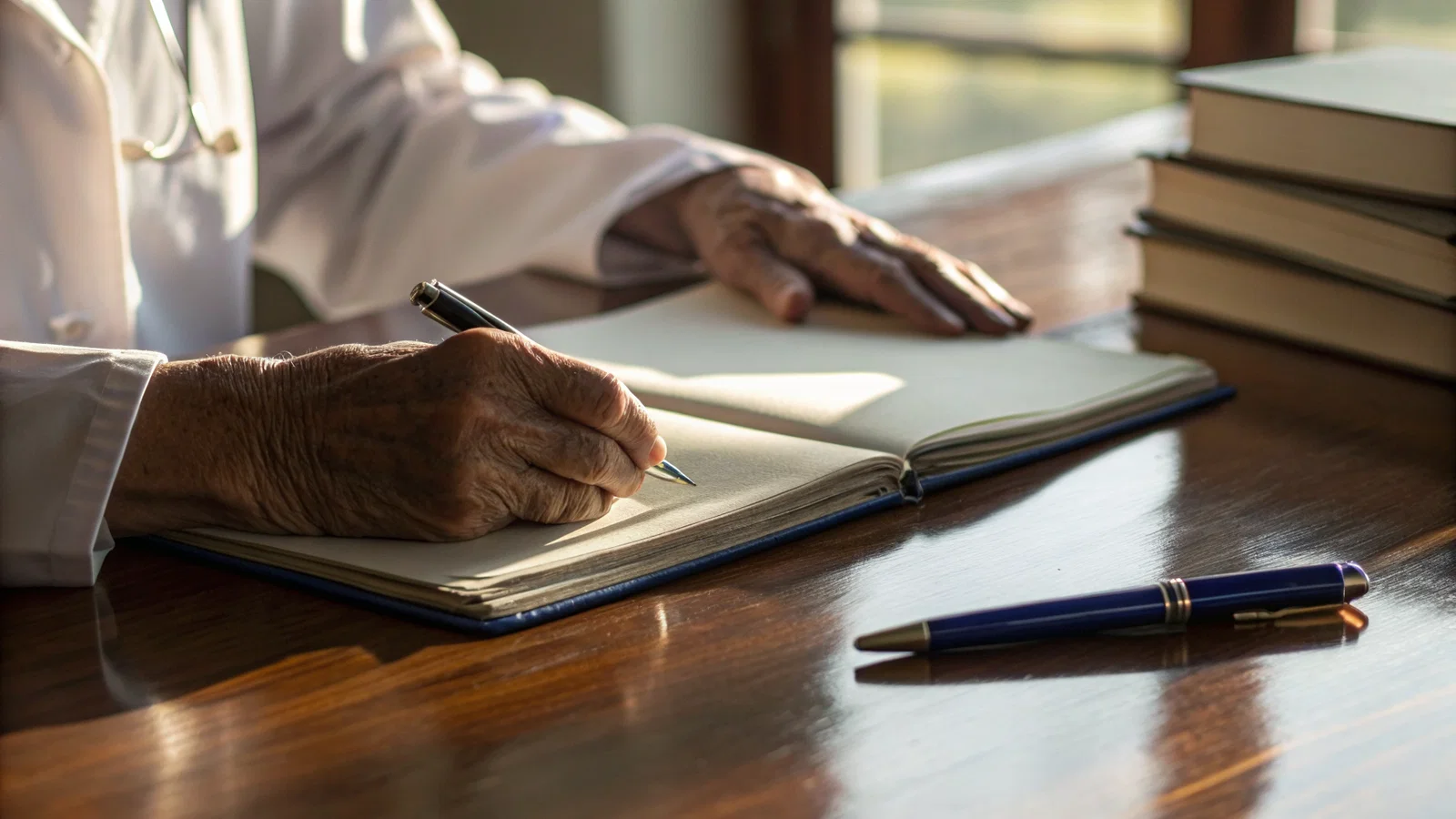 Confident physician with organized CME compliance system