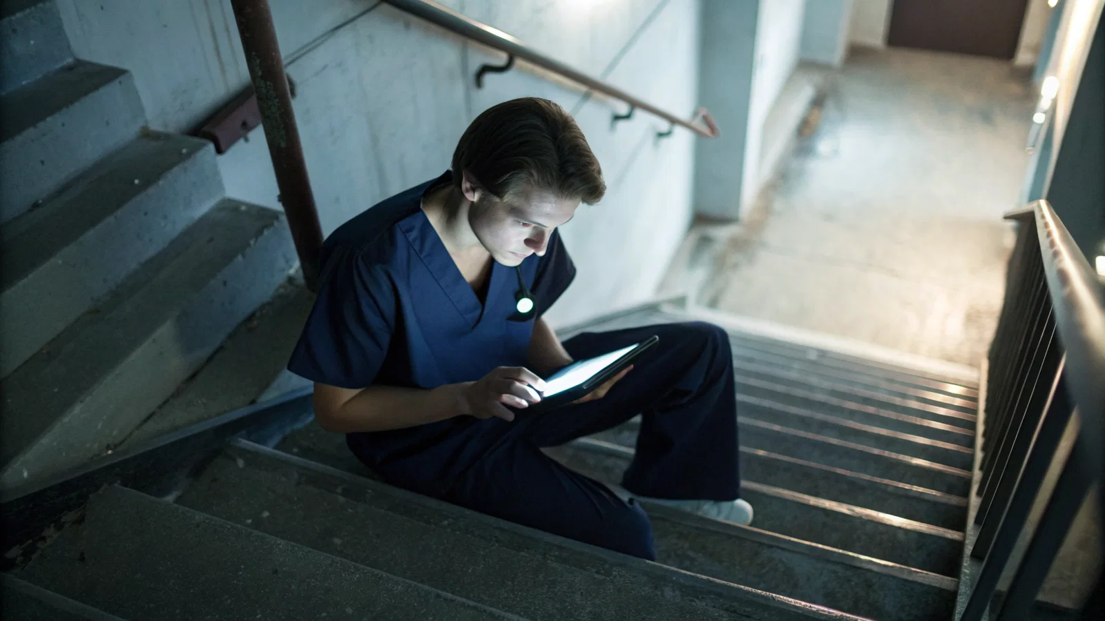 Stressed Medical Student Reading Laptop in Hospital Corridor