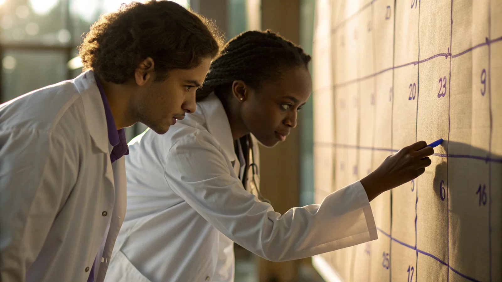 Two medical students reviewing a calendar together