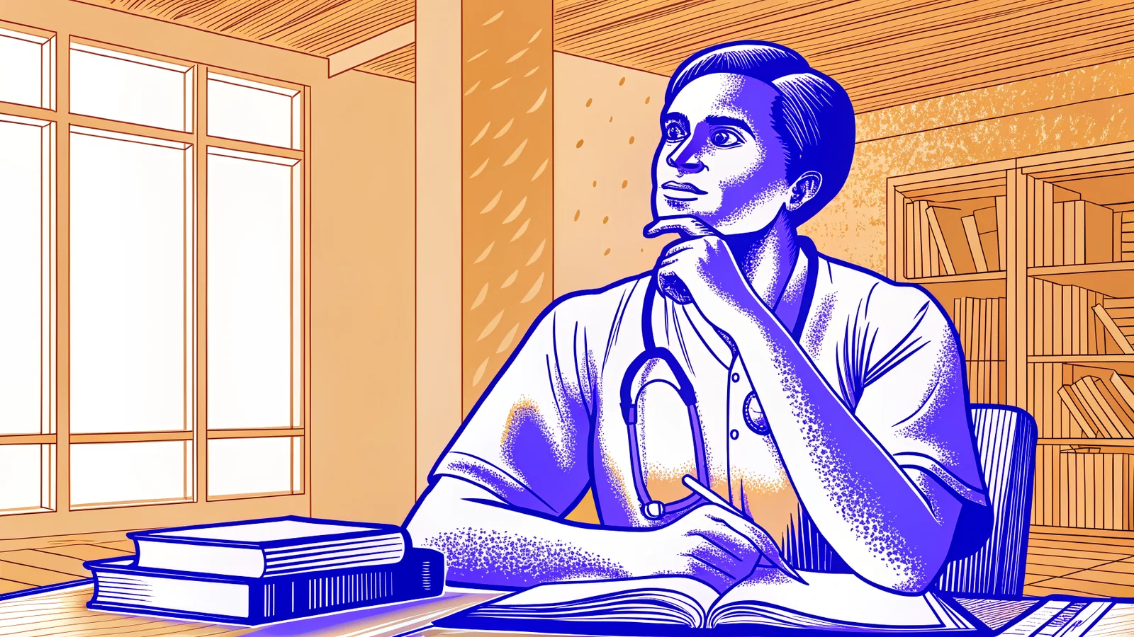 Physician Comparing Two Contracts Under a Harsh Spotlight