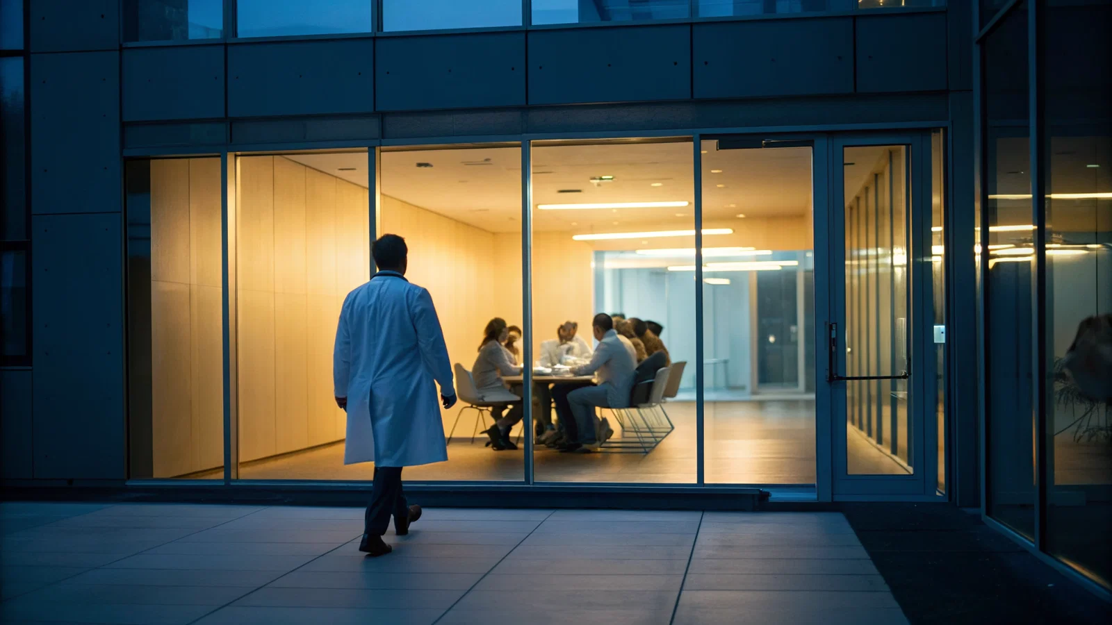 Headline cover: Silent solo figure in a hospital hallway vs. blurry team behind glass