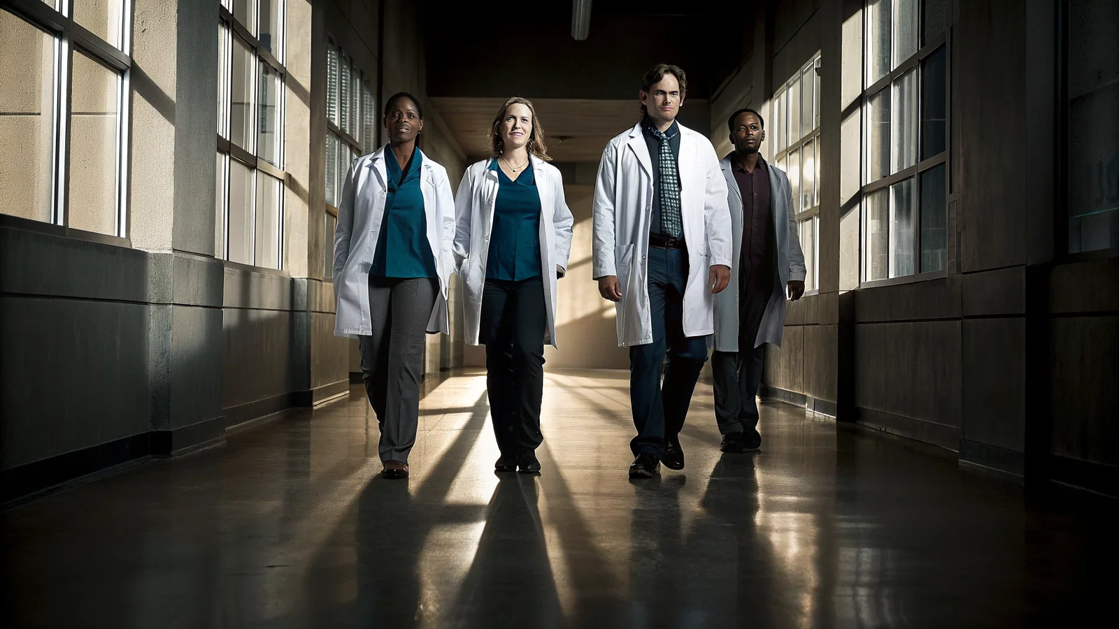 Diverse Physicians Walking Through Light and Data