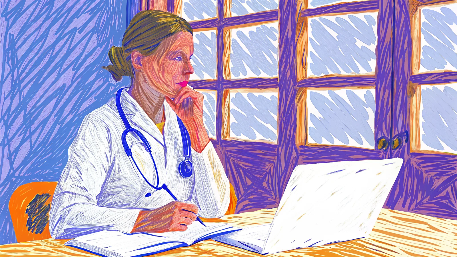 Medical student on a visiting elective talking with a resident and attending