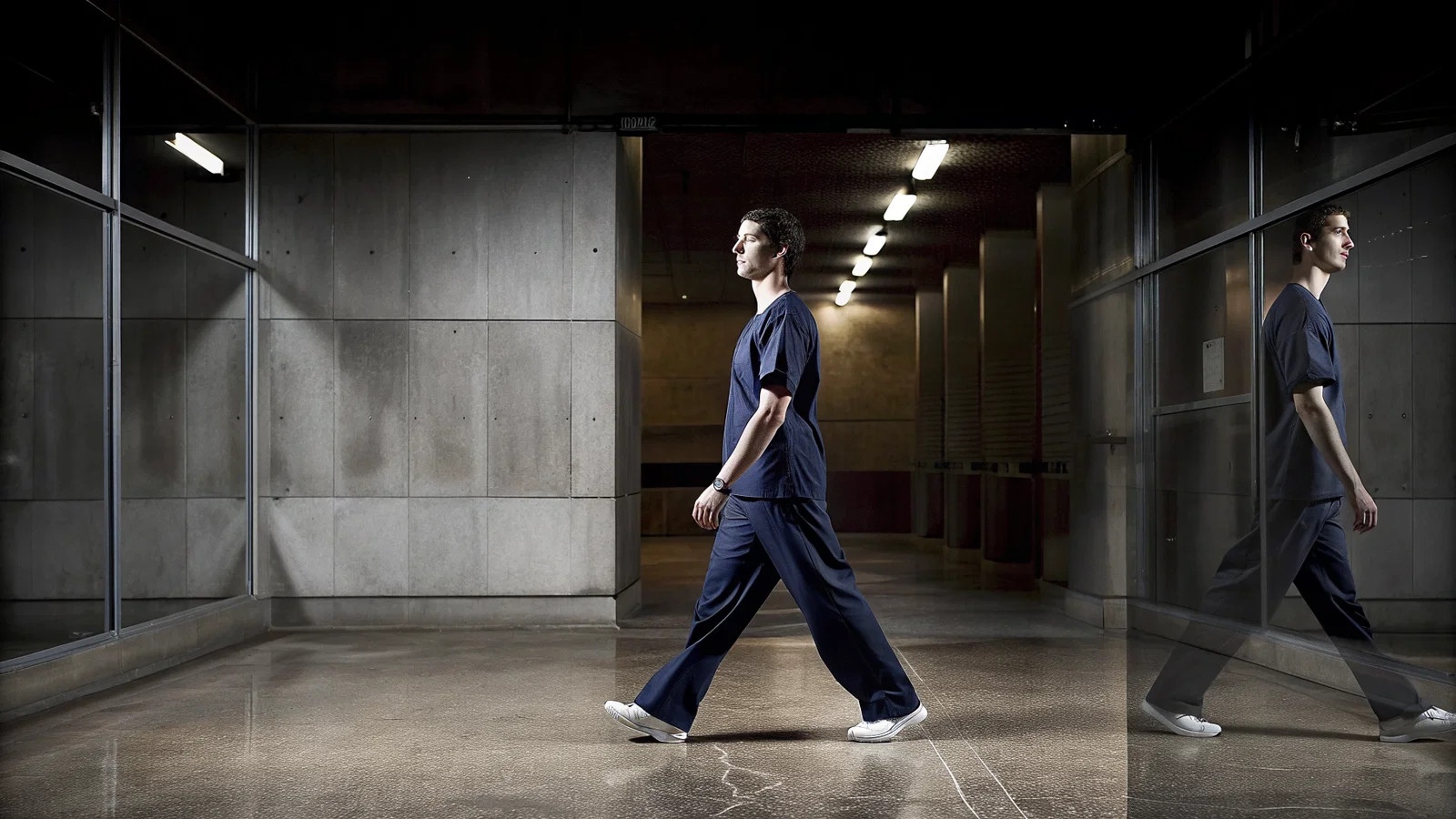 Locum clinician navigating a fast-moving hospital corridor with a calendar overlay