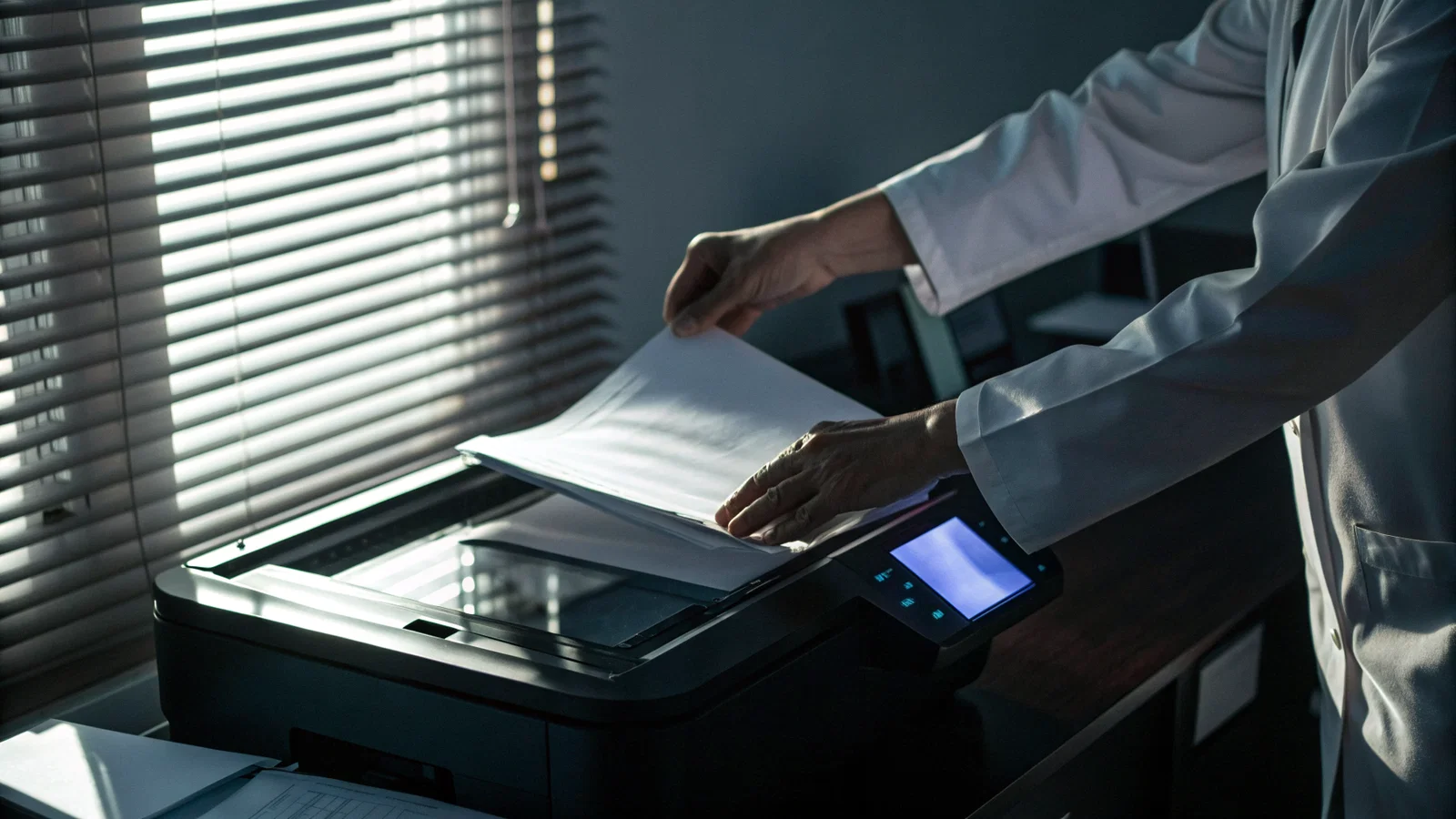 Doctor reviewing patient documents with a clipboard and a copy request at the desk