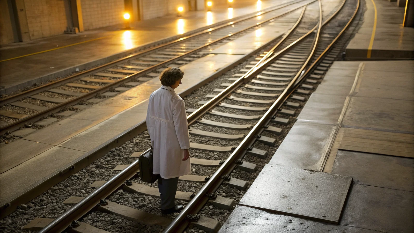 Doctor Walking Confidently Down Hospital Corridor