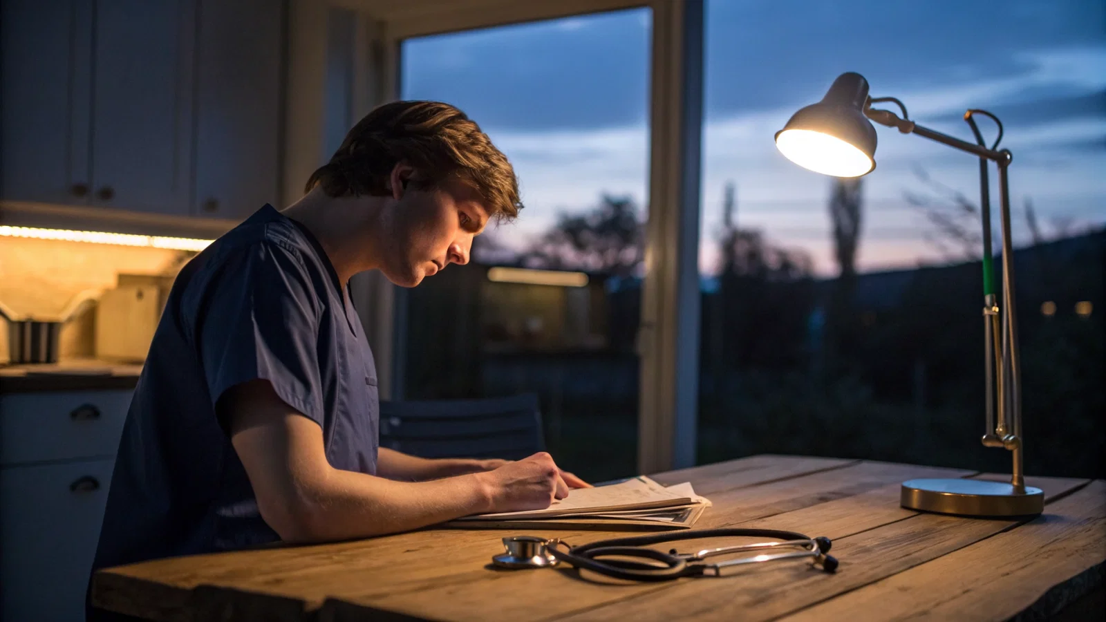Medical student at kitchen table weighing home equity against medical school