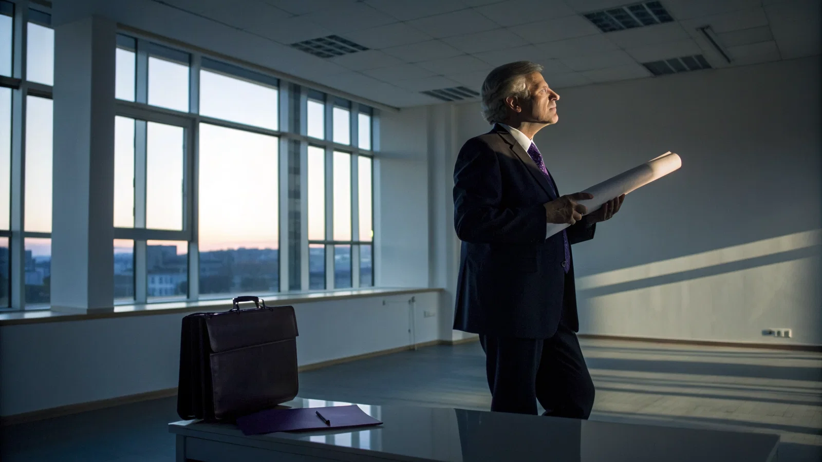 Retired Physician Examining Medical Building Blueprints