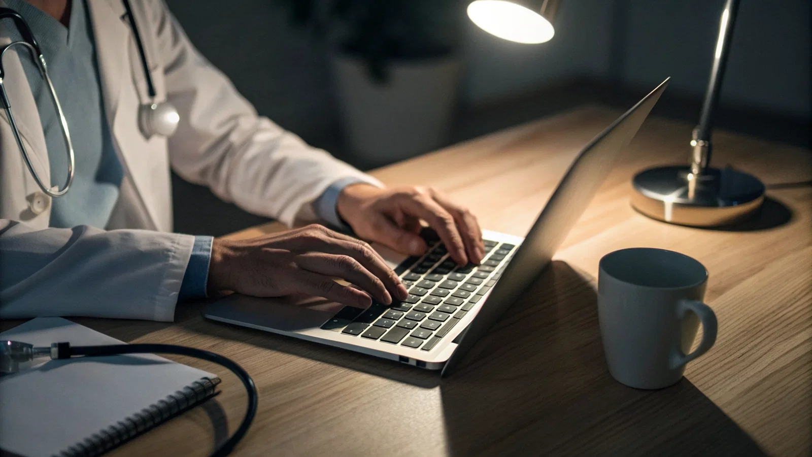 Applicant reviewing a feedback email on a laptop with a coffee cup