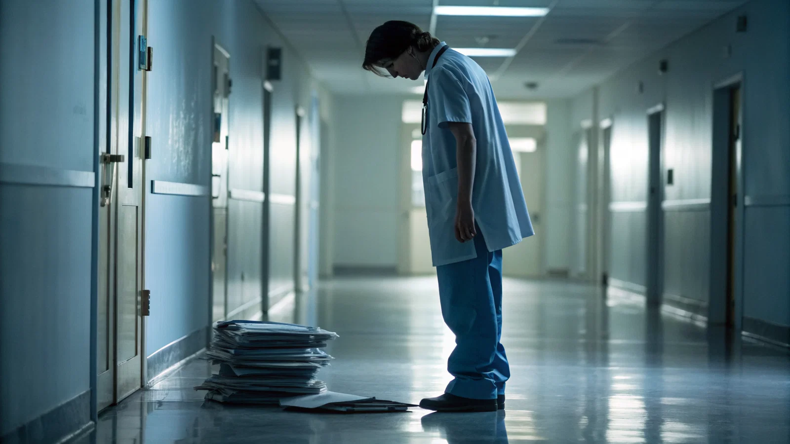 Confident physician looking out a window into a bright hospital lobby