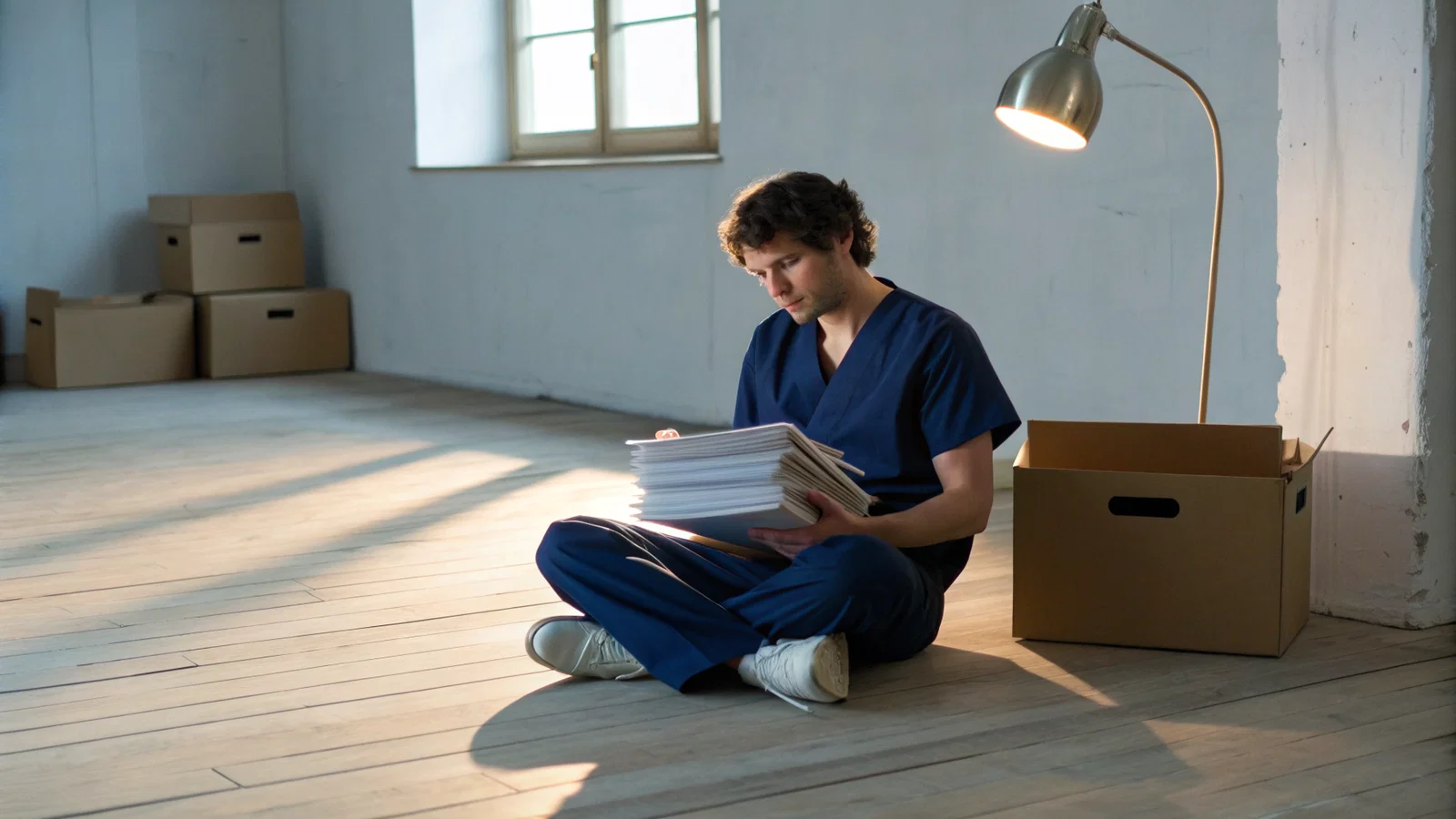 Stressed resident looking at moving boxes and tax forms