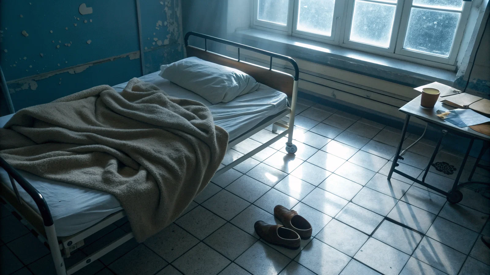 A solitary resident looking at a sunrise over a hospital building, cinematic lighting