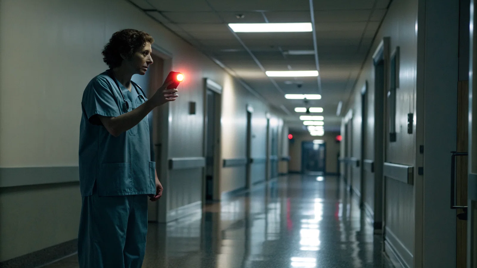 Stressed Resident in Dimly Lit Hospital Hallway