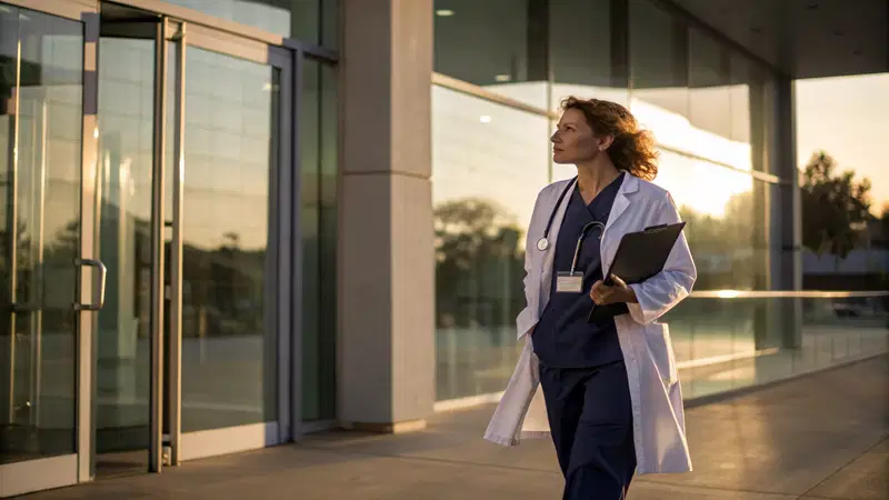 Freshly Generated Cover: Exhausted resident leaving hospital at sunrise with schedule clipboard