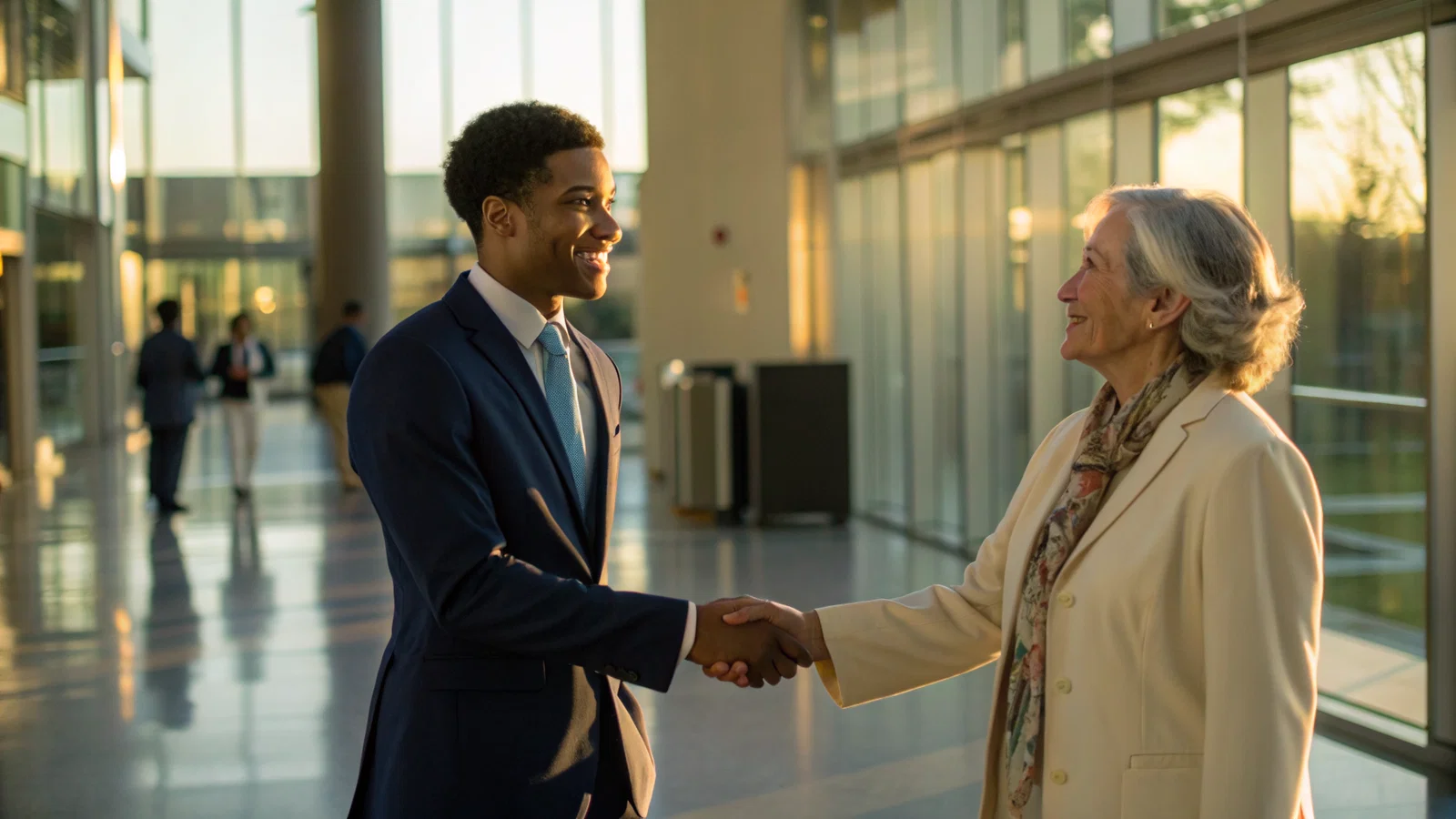 Professional medical applicant shaking hands with a program coordinator in a modern hospital lobby