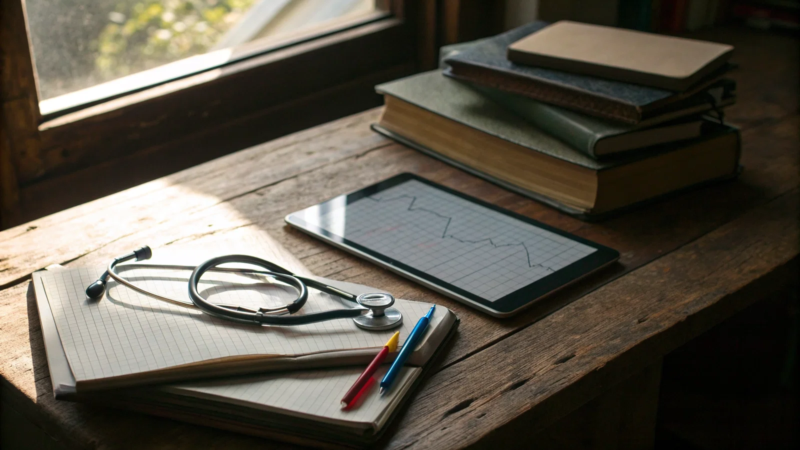 Medical student staring at a computer screen showing a dropping practice exam score graph