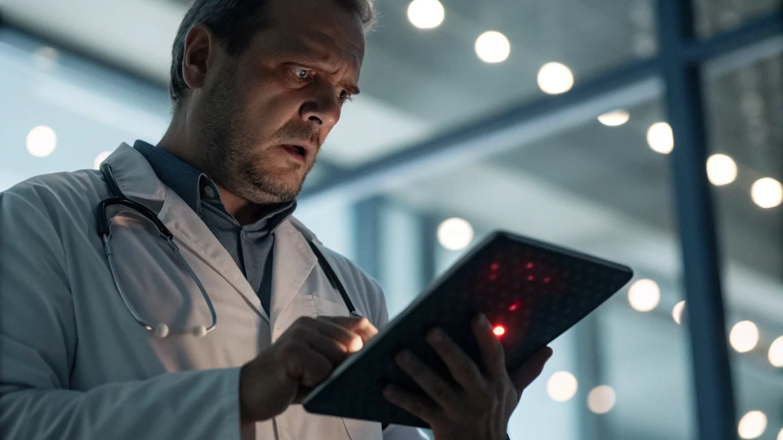 A stressed telemedicine doctor facing a blurred screen showing a red 'License Suspended' stamp, cinematic lighting, realistic style