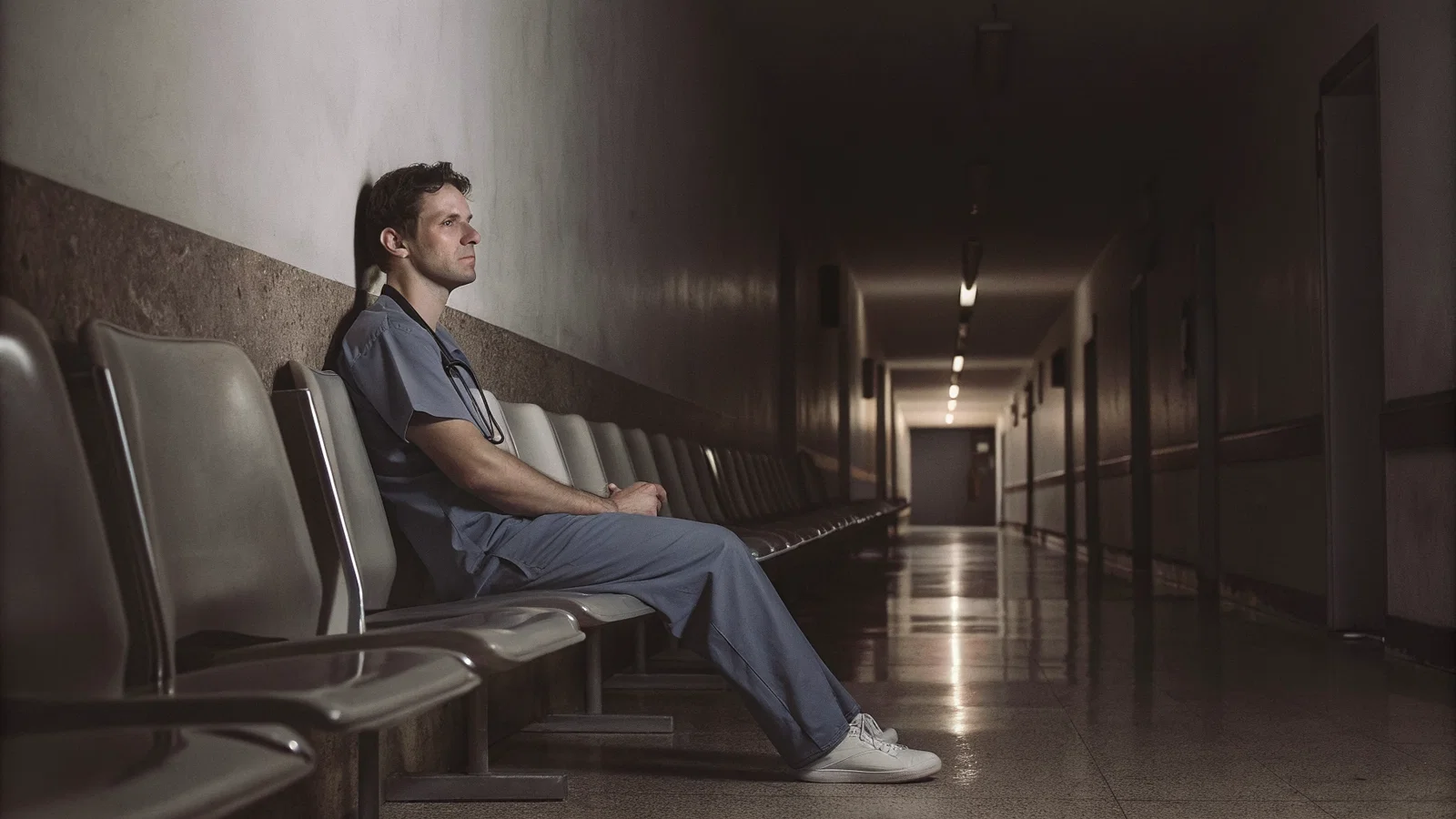 Solitary Night-Float Resident at Empty Nurses Station