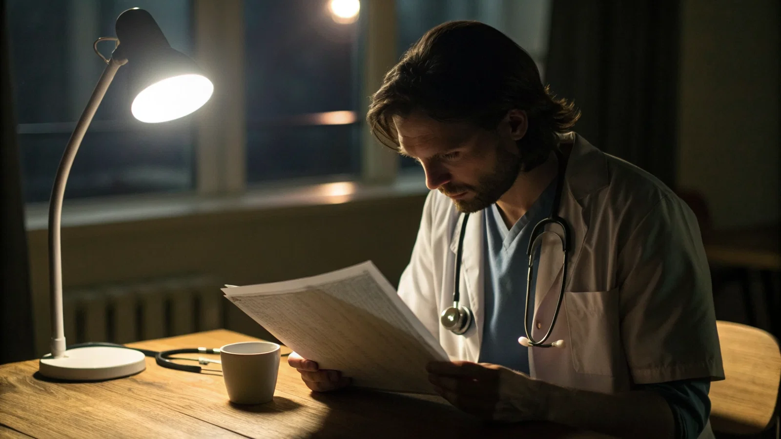 INLINE: Chief resident reviewing a polished application packet beside a large textbook, symbolizing strategic oversight over raw grades