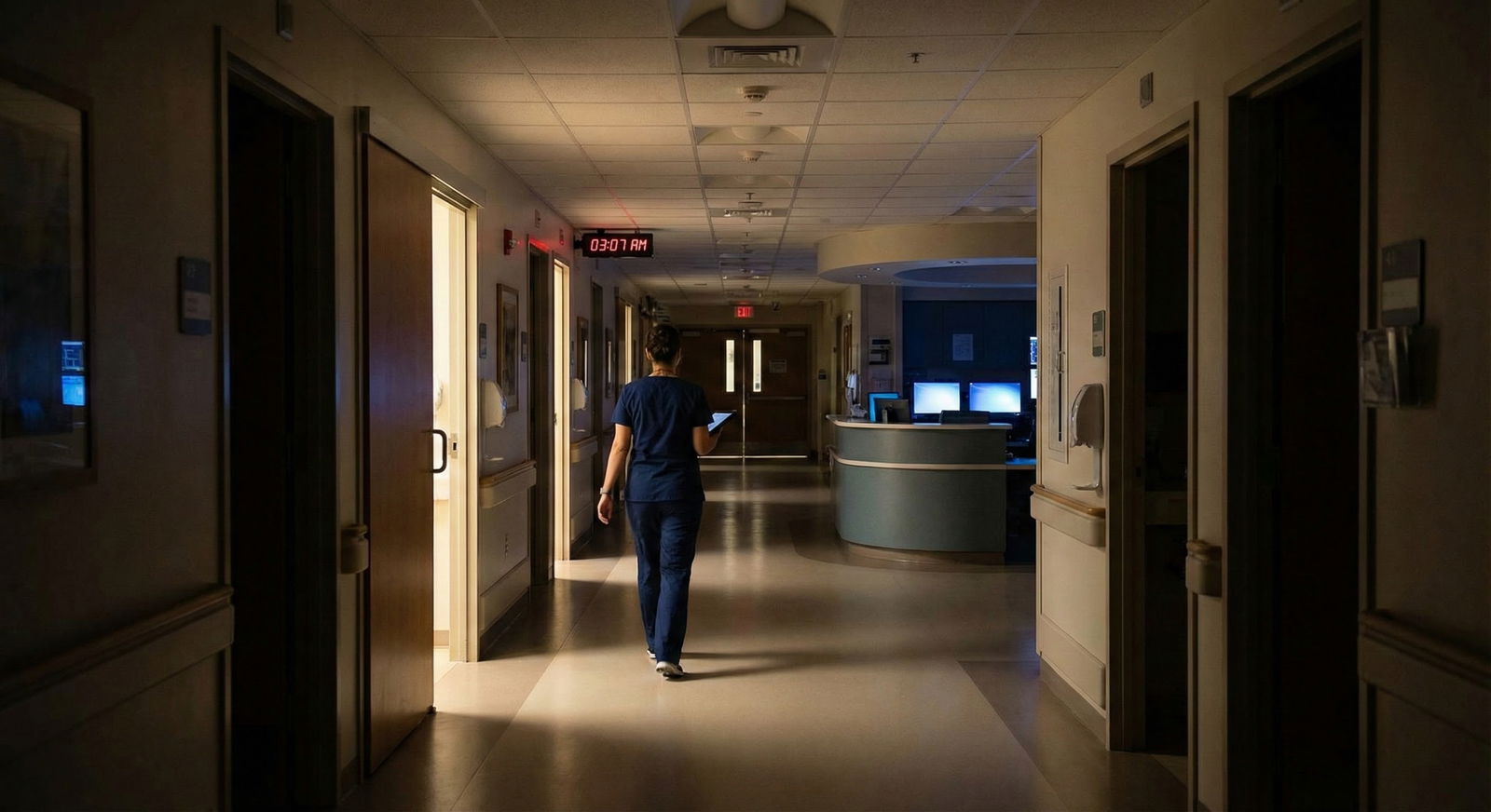Dimly lit hospital ward at 3am with quiet hallways -  for Cross-Cover on the Floors: A System for Handling 30+ Patients Overn