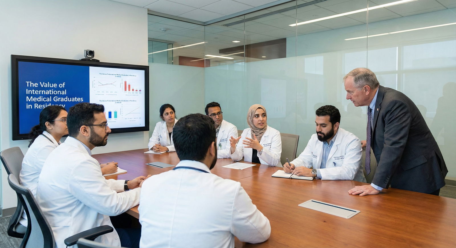 Diverse group of international medical graduates interacting with a residency program director in a hospital conference room