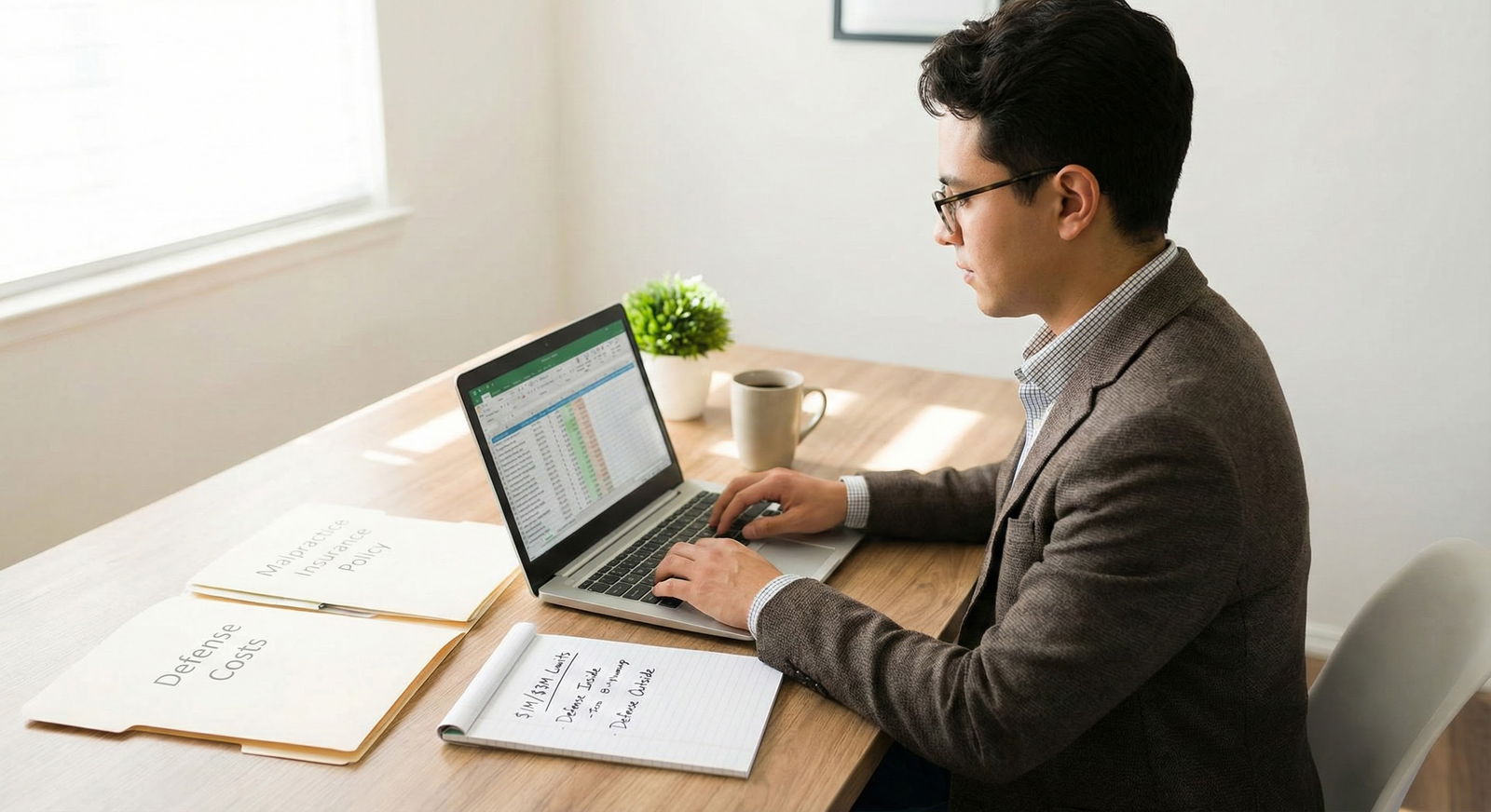 Doctor calculating malpractice coverage scenarios on laptop -  for What’s the Difference Between Defense Costs Inside vs Outs