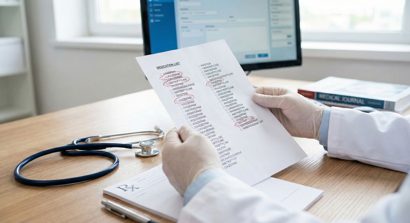 Doctor identifying overlapping sedative medications on a printed list -  for Complex Polypharmacy Questions on Step 3: A Rati